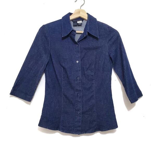 French Connection | Y2K Stretch Denim 3/4 Sleeve Button Up Shirt - Picture 1 of 5